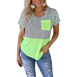 Striped Print Short-Sleeved Pocket Casual T-Shirt
