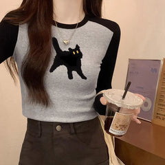 Women's Long-sleeved Color Contrast Printed T-shirt