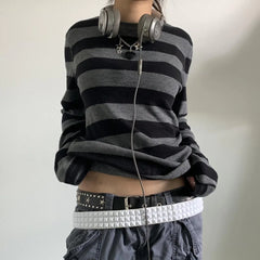 Women's Striped Long Sleeve Round Neck Knitted Shirt