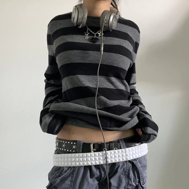 Women's Striped Long Sleeve Round Neck Knitted Shirt