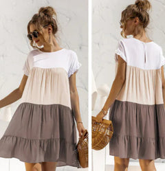 Contrast Color Long-Sleeved Round Neck Dress