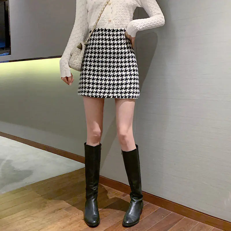 Woolen Plaid High Waist Mini Skirt for Women