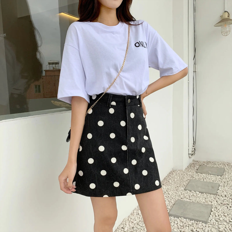 High Waist Denim Polka Dot A-Line Skirt