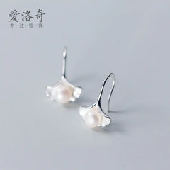 S925 Silver Ginkgo Leaf Earrings with Pearl (Short)