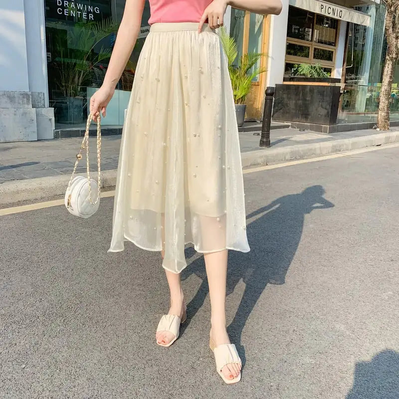 Mid-Length High Waist Chiffon A-Line Beaded Skirt for Women