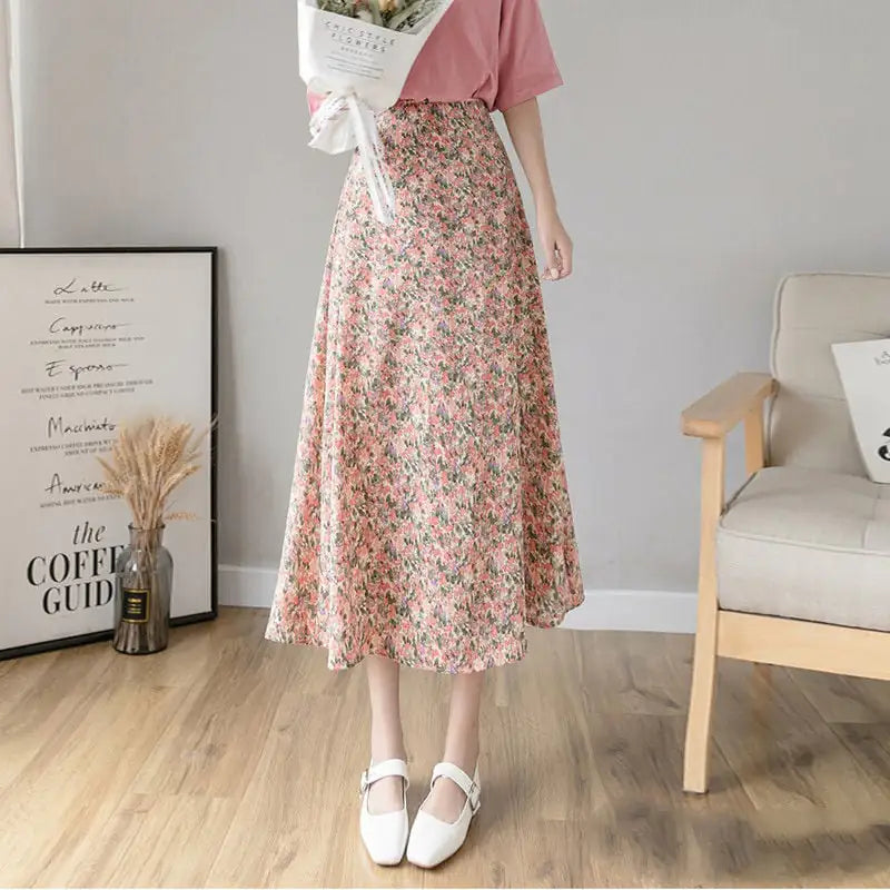 High Waist Chiffon Daisy A-line Mid-Length Dress