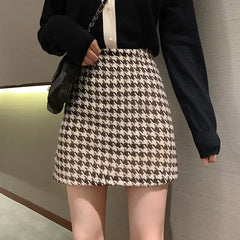 Woolen Plaid High Waist Mini Skirt for Women