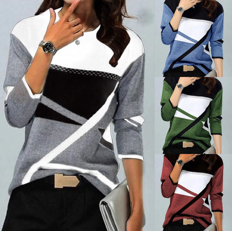 Round Neck Long-sleeved T-shirt with Color Contrast Print