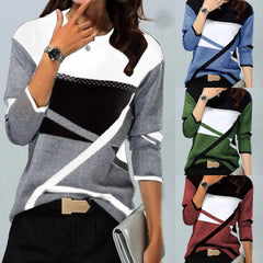 Round Neck Long-sleeved T-shirt with Color Contrast Print