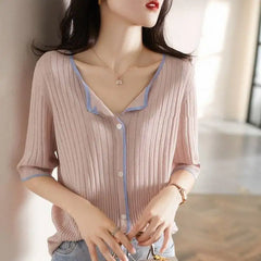 Ice Silk Knit Loose V-Neck Mid-Sleeve Cardigan Top