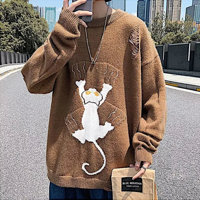 Printed Pullover Sweater in Loose and Lazy Style