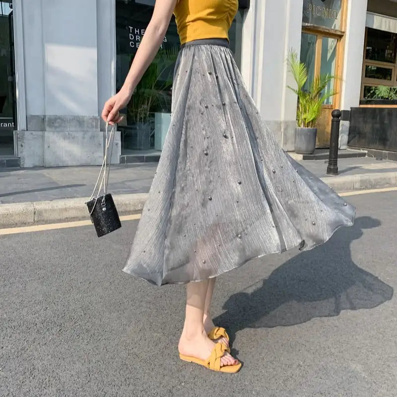 Mid-Length High Waist Chiffon A-Line Beaded Skirt for Women