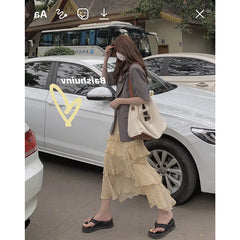High Waist A-line Green Chiffon Mid-length Skirt