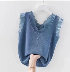 Lace Trim Ice Silk V-Neck Knit Cami Top
