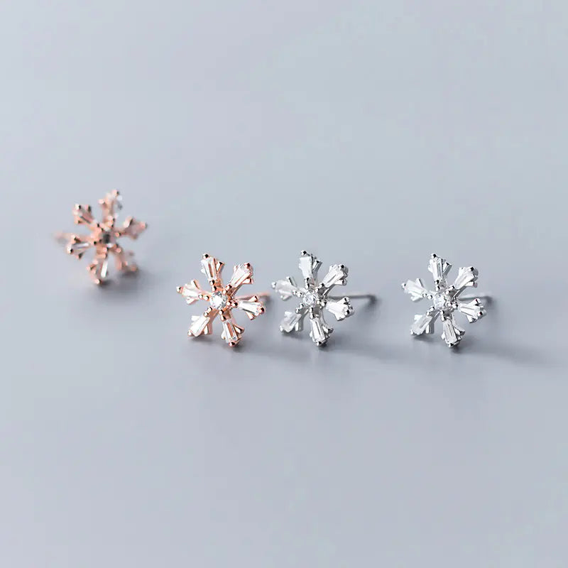 S925 Silver Snowflake Stud Earrings with Diamonds