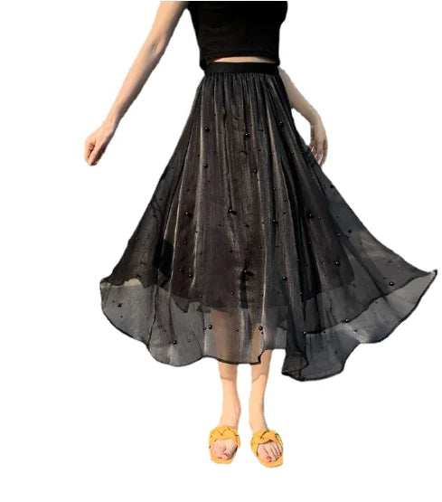 Mid-Length High Waist Chiffon A-Line Beaded Skirt for Women
