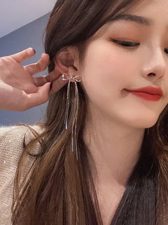 S925 Silver Long Tassel Earrings with Bow Design