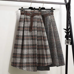Woolen Plaid High Waist Mid-Length Slit Skirt for Women