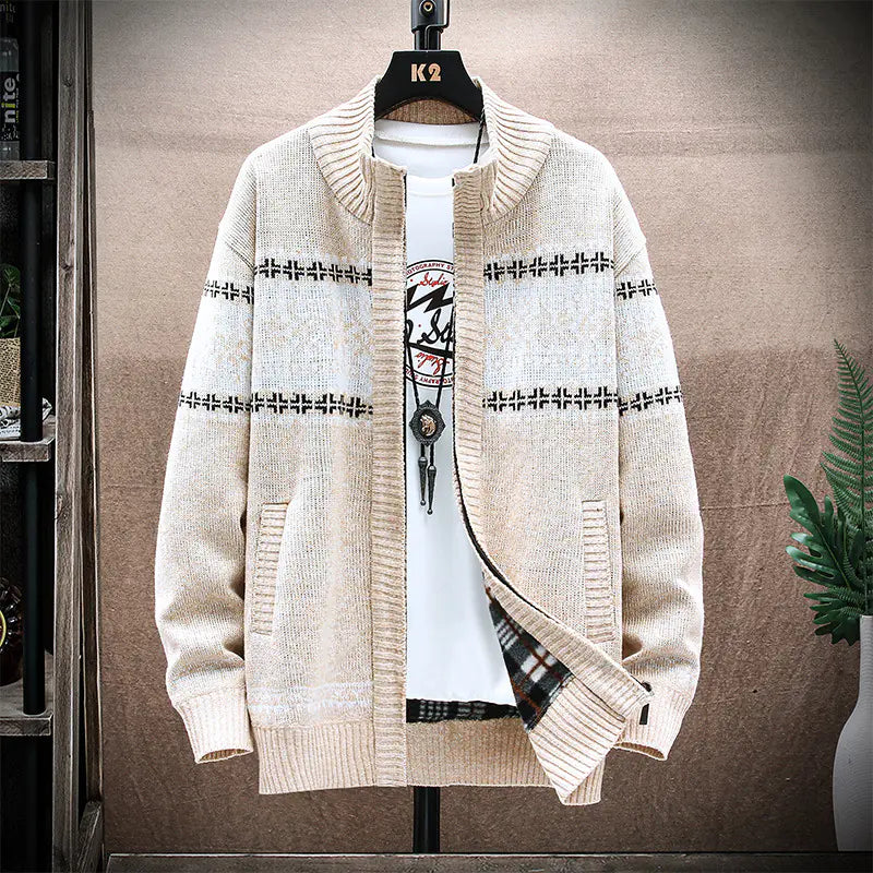 Men's Printed Stand-Collar Cardigan Jacket for Warmth