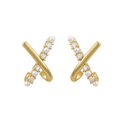 925 Silver Cross Pearl Earrings with Zirconia Detail
