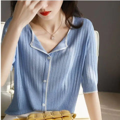 Ice Silk Knit Loose V-Neck Mid-Sleeve Cardigan Top