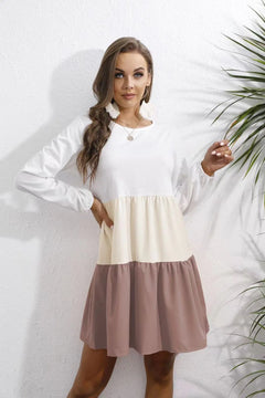 Contrast Color Long-Sleeved Round Neck Dress