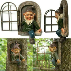 Elf Out The Door Window Tree Hugger Garden Gnome Statue