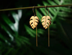 S925 Silver Long Earrings with Monstera Leaf Design