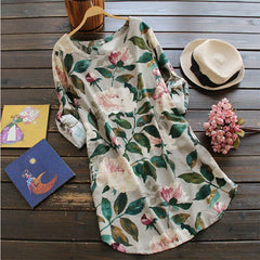 Cotton Linen Printed Dress with Short Skirt Style