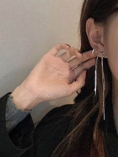 S925 Silver Long Tassel Earrings with Bow Design