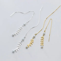 S925 Silver Tassel Earrings with Pearl Leaf Design