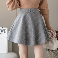 A-line High-Waist Woolen Plaid Skirt for Women