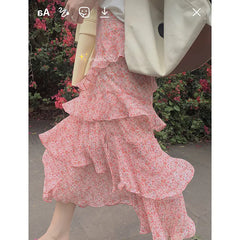 High Waist A-line Green Chiffon Mid-length Skirt