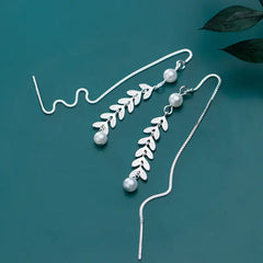 S925 Silver Tassel Earrings with Pearl Leaf Design