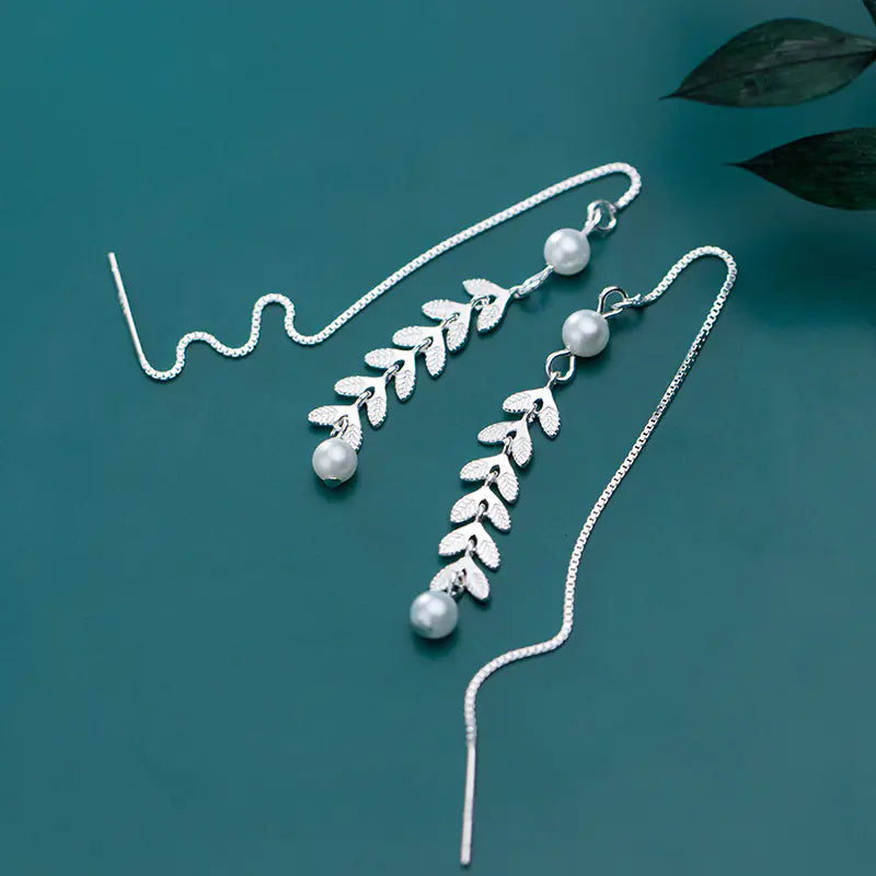 S925 Silver Tassel Earrings with Pearl Leaf Design