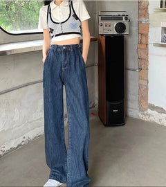 Blue Boyfriend Loose Fit Wide Leg High Waist Jeans