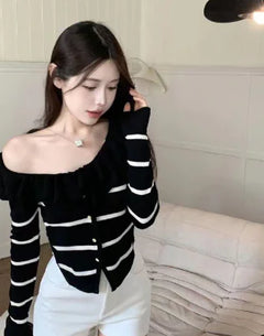 Elegant Lace-Trim Striped V-Neck Sweater for Women