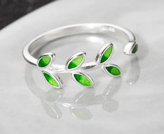 S925 Silver Green Leaf Adjustable Ring for Women