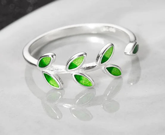 S925 Silver Green Leaf Adjustable Ring for Women