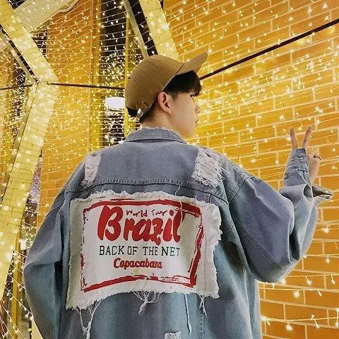 Trendy Korean Loose Fit Men’s Denim Patchwork Jacket