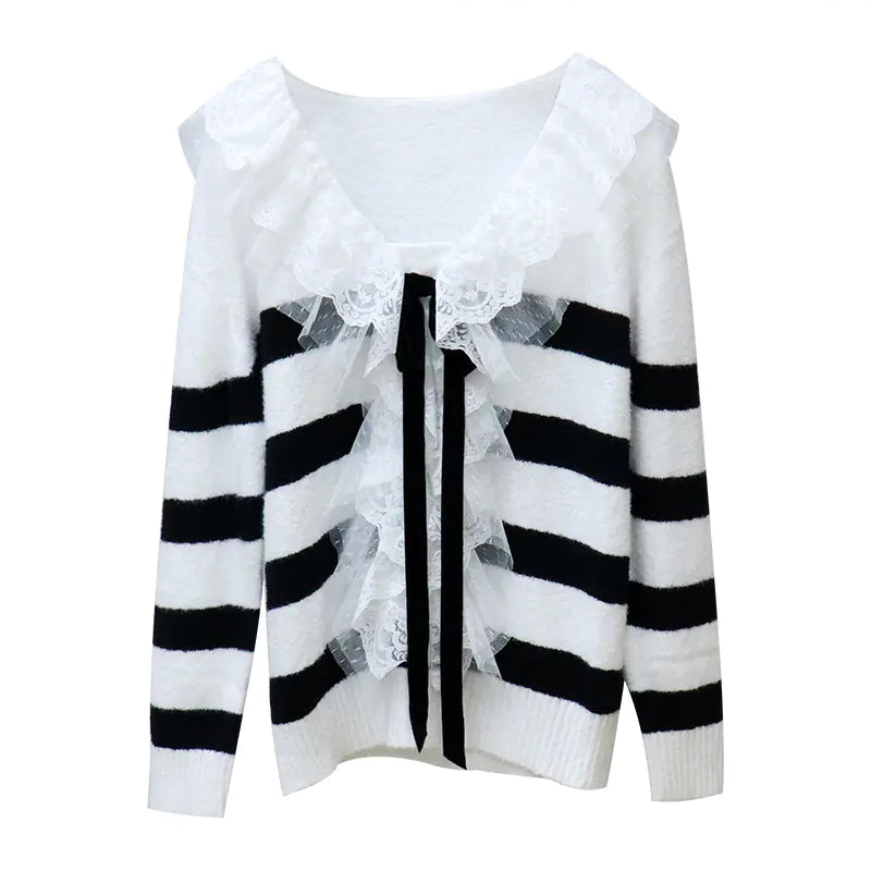 Elegant Lace-Trim Striped V-Neck Sweater for Women