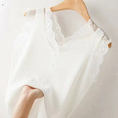 Lace Trim Ice Silk V-Neck Knit Cami Top