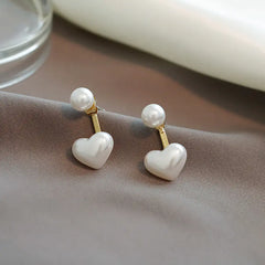 925 Silver Simple Heart Pearl Stud Earrings
