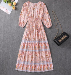 V-neck High Waist Bohemian Mid-length A-line Dress