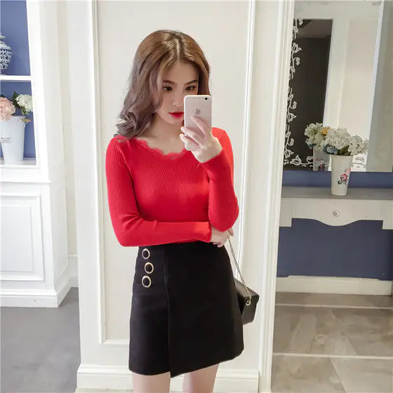 Lace Trim V-Neck Knit Sweater