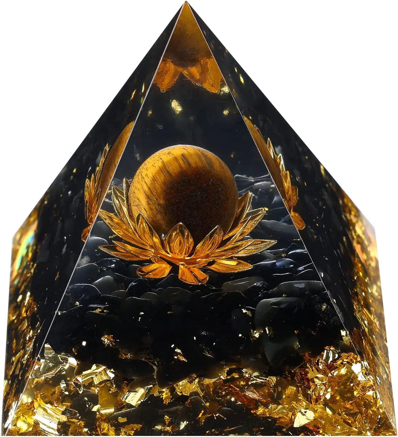 Moonstone Crystal Orgone Pyramid - Tiger Eye Lotus + Obsidian Stone - Ogan Crystal Energy Tower - Reiki Healing - 5cm