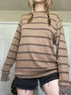 Women's Striped Long Sleeve Round Neck Knitted Shirt