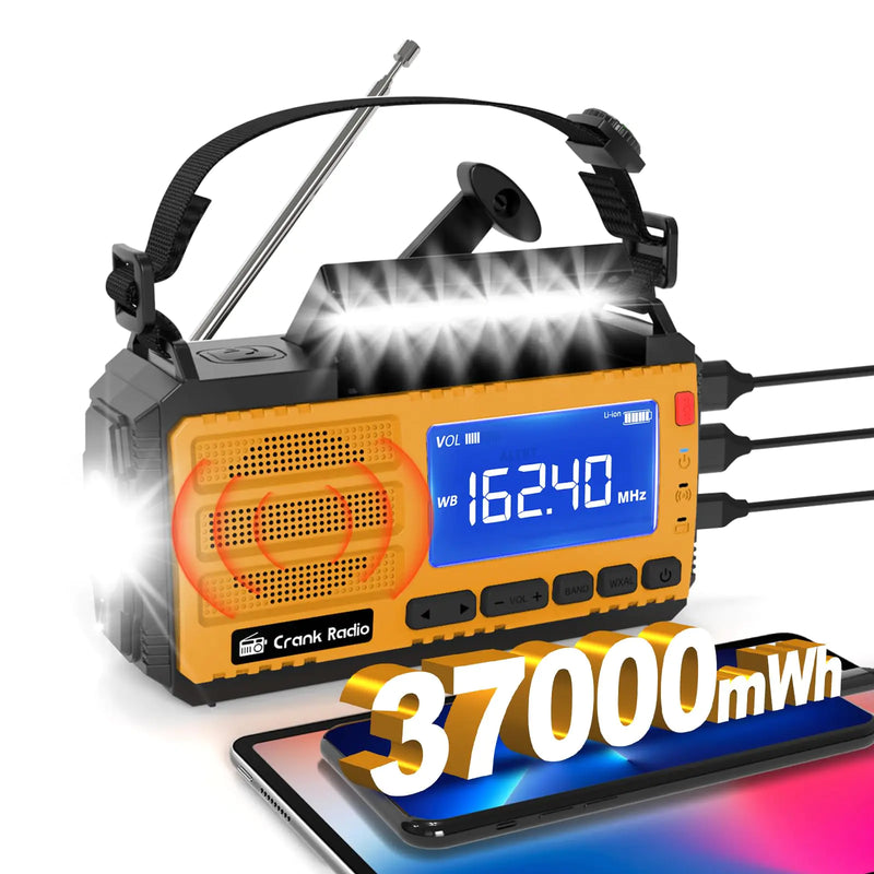 Emergency Weather Radio Solar Hand Crank Emergency Radio 37000mWh AM/FM NOAA Weather Radio with LCD Display 3 Mode Flashlight SOS Alarm Compass Headphone Jack for Winter Storm Emergency