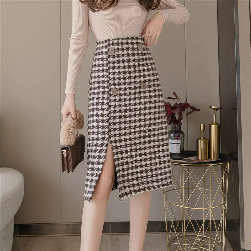 High Waist Woolen Plaid Mid-length A-line Skirt