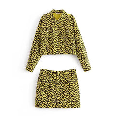 Leopard Print Denim Jacket, A-Line Skirt, Camouflage Set